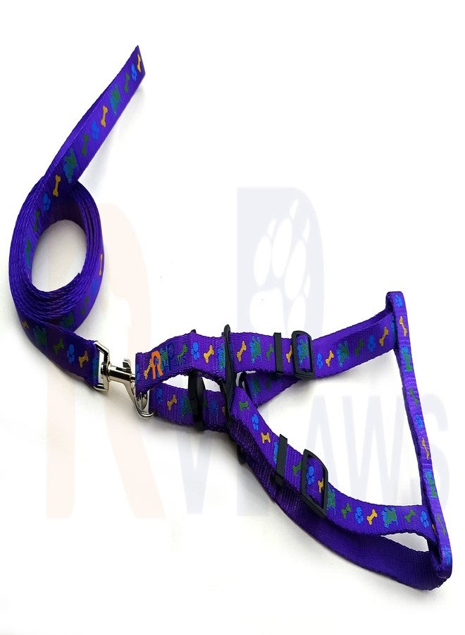 Pups&Pets 15 MM Soft Nylon Adjustable Bone Paw Printed Colourful Puppy Nylon Harness Set with Metal Hook Leash (Purple) - Image 2